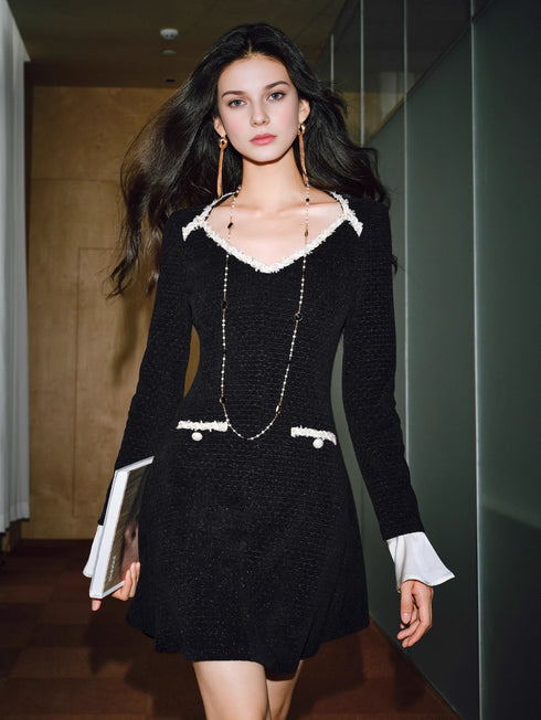 Heavyweight Silver-Thread Bouclé Dress with Custom Ribbon – Tweed-Style Fitted Waist A-Line Dress for Women