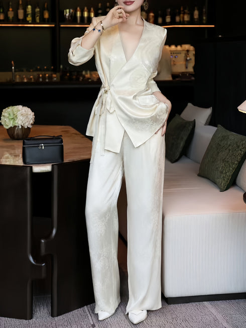 Sophisticated Autumn Professional Set – Chinese-Inspired Viscose Jacquard Tie-Waist Suit