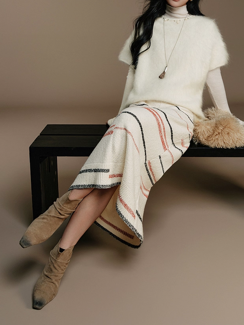 Lazy Winter Chunky Knit Colorblock Striped Stretch Midi Skirt