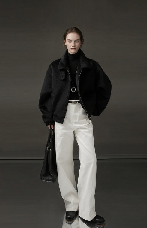 Vintage Harrington Jacket for Women – Luxury Suri Alpaca Wool Coat with Soft Textured Finish