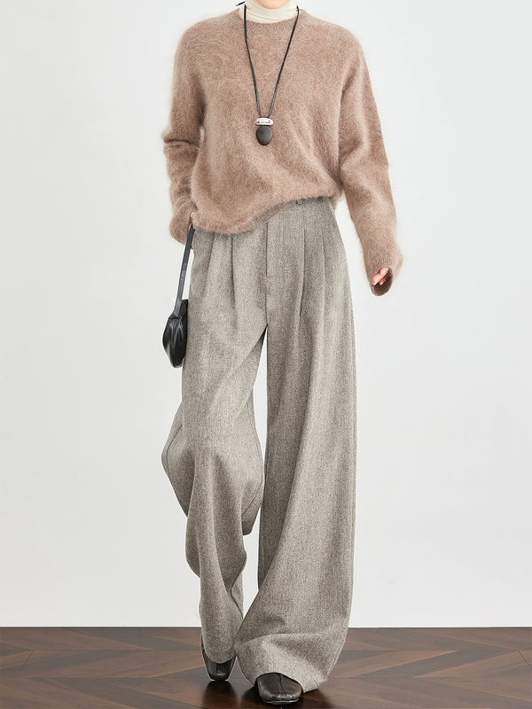 Women's Oatmeal Wide-Leg Wool Trousers – Premium Draped Wool-Blend Suit Pants for Winter