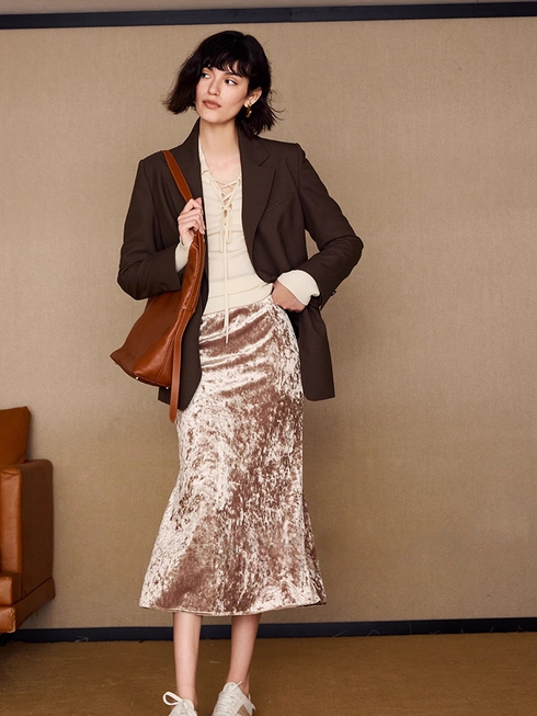 Amber Autumn Shimmer Velvet Mermaid Skirt — Retro Gold-Flecked Stretch Velvet