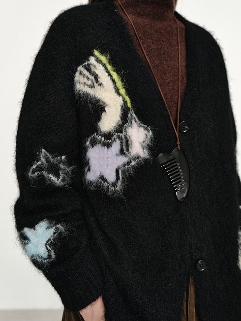 Women's Relaxed Vintage-Style Jacquard Wool V-Neck Knit Cardigan – Loose-Fit Fall/Winter Sweater Jacket