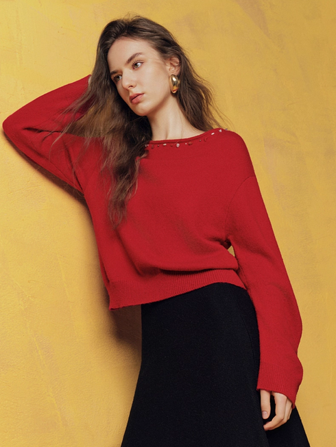 Wool Beaded Christmas Sweater for Women – New Cozy Relaxed-Fit Knit Top