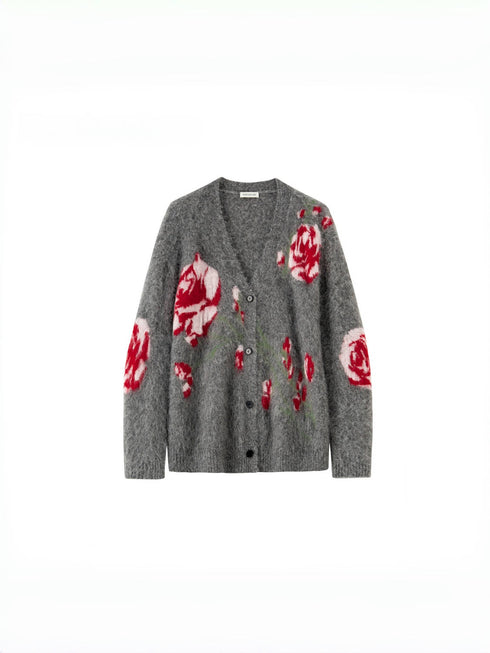Luxury Alpaca Rose Jacquard Cardigan & Mermaid Skirt – Relaxed Fit (Sold Separately)