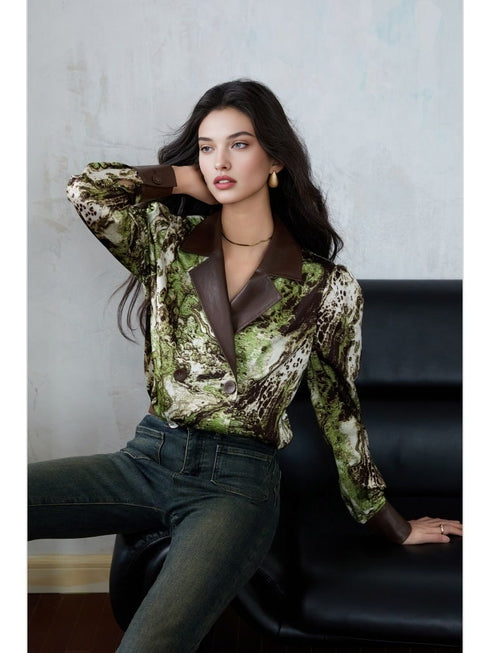 Satin Print & Eco Leather Spliced Double-Breasted Shirt – Floral Long Sleeve with Notched Lapel