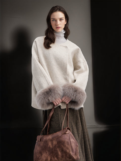 Women’s Short Double-Faced Wool Coat with Fox Fur Cuffs | Loose Fit Alpaca Blend Jacket
