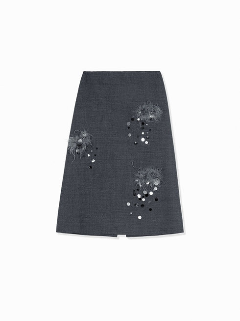 Hand-Beaded Wool A-Line Midi Skirt with Rare Imported Turkey Feathers | Luxury One-Piece Design