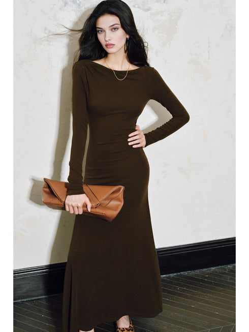 Women’s Lightweight Knit Dress – Deconstructed Pleats, Boat Neck, Slim A-Line Fit