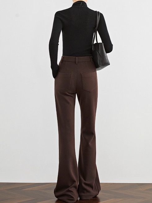 【Supermodel Leg Shape】Women's Coffee Brown Wool Flared Trousers – High-Waist Thick Autumn/Winter Slim Fit Pants