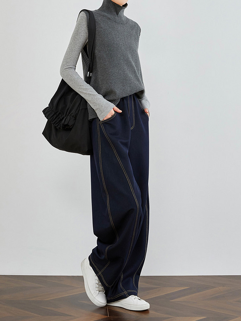 High-Quality Faux Denim Women's Loose Fit Banana Jeans – Elastic Waist Tall Extended Wide-Leg Scythe Pants