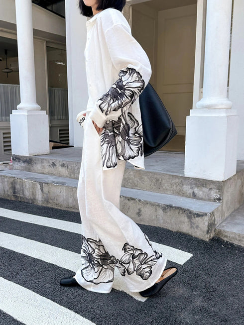 Linen Two-Piece Set – Watercolor Lotus Embroidered Shirt & Wide-Leg Pants