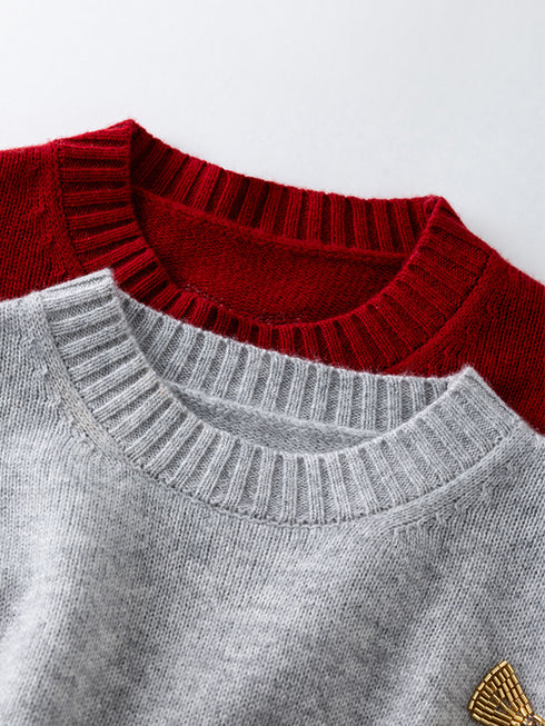 Christmas Collection Beaded Wool Sweater for Women – 100% Merino Wool Crewneck with Bow Detail