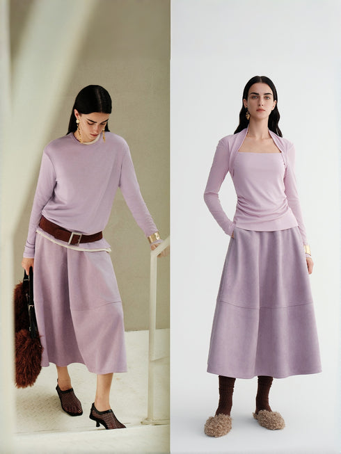 Suede Touch Double-Layer Jacket & Chic Midi Skirt Set – Eco Brushed Fabric