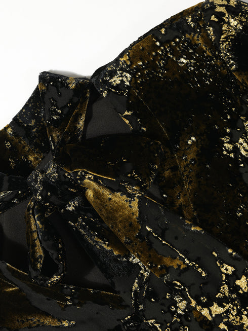 Party Gilded Velvet Burnout Blouse – High-Density Foil Velvet, Deep V-Neck Tie Detail, Relaxed Fit Shirt