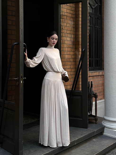 French-Style Satin Ruched Long-Sleeve Maxi Dress for Women – Elegant Pleated Evening-Inspired Fall Outfit