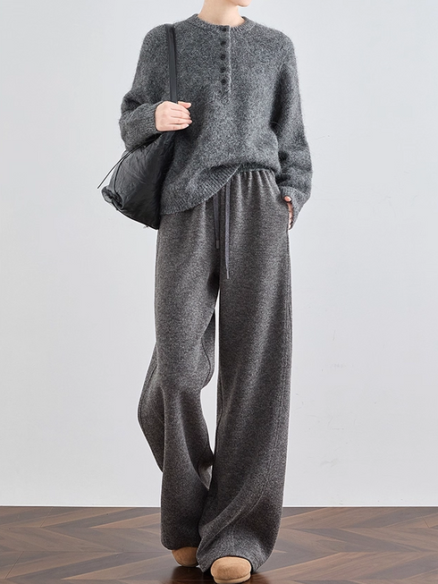 Women's Wool Wide-Leg Sweatpants – Thick Fall/Winter Gray Casual Lounge Joggers with Draped Fit