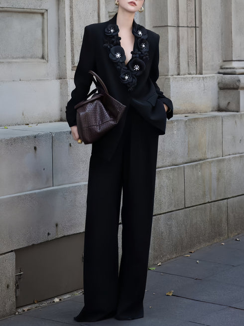 Luxury Autumn Blazer – Floral Lapel Single-Button Tailored Jacket