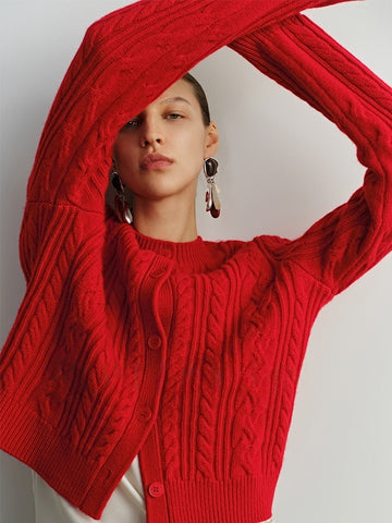 Pure Wool Cable Knit Sweater Set – Autumn Winter Short Cardigan + Pullover (Sold Separately)