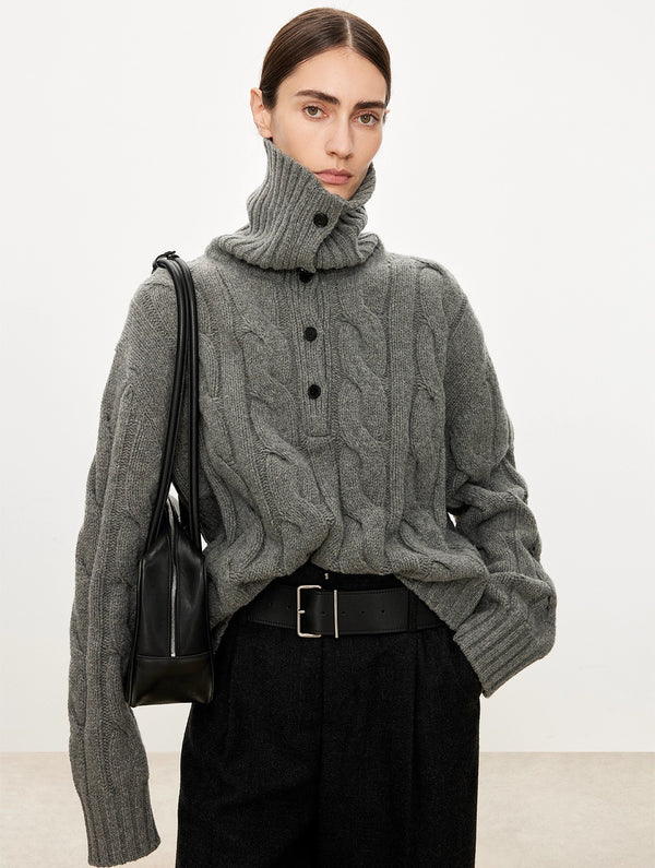 Women’s Vintage "Old-Money" Chunky Cable-Knit Wool Sweater | English-Style T-Silhouette with Stand & Turn-Down Collar