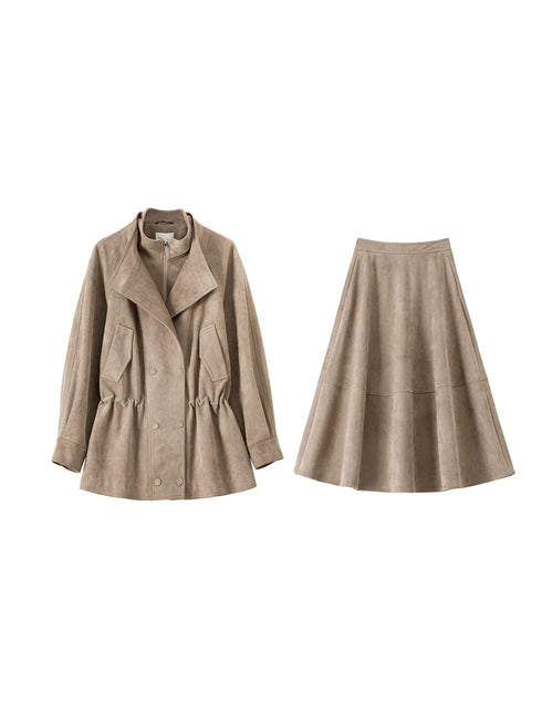 Suede Touch Double-Layer Jacket & Chic Midi Skirt Set – Eco Brushed Fabric