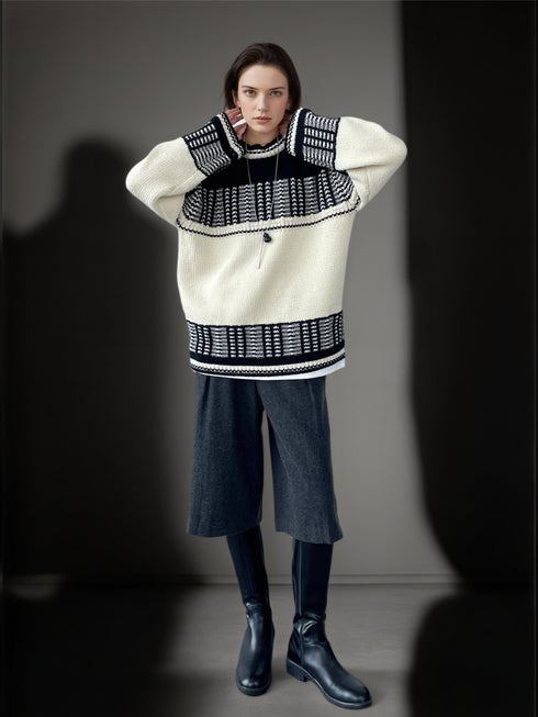 Women’s Mercerized Wool Fair Isle Knit Sweater | Color-Block Crew Neck Pullover