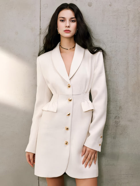 Natural Brushed-Wool Single-Face Coat Dress with Quiet-Luxury Shawl Collar and Metallic Button Waist Detail