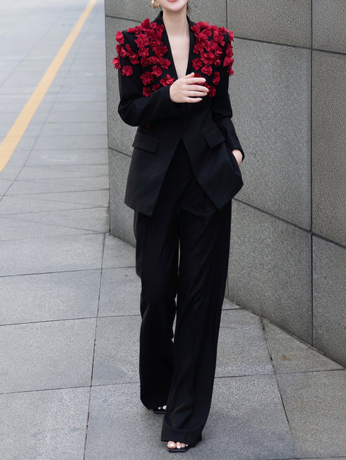 Premium Autumn Blazer Set – 3D Cherry Blossom Jacket with Formal Pants