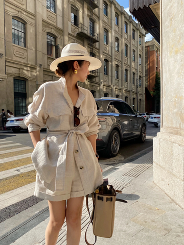 Old Money Style Linen Two-Piece Set for Women – Summer Tie-Front Shirt and Shorts, Retro High-End Look