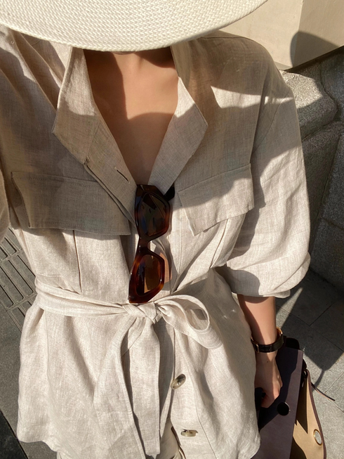 Old Money Style Linen Two-Piece Set for Women – Summer Tie-Front Shirt and Shorts, Retro High-End Look