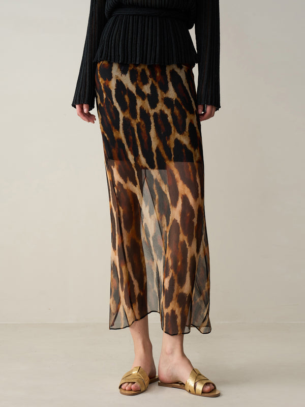 High-Waist Silk Leopard Print Midi Skirt – Lined for Comfort and Elegance