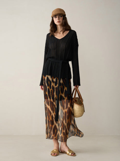 High-Waist Silk Leopard Print Midi Skirt – Lined for Comfort and Elegance