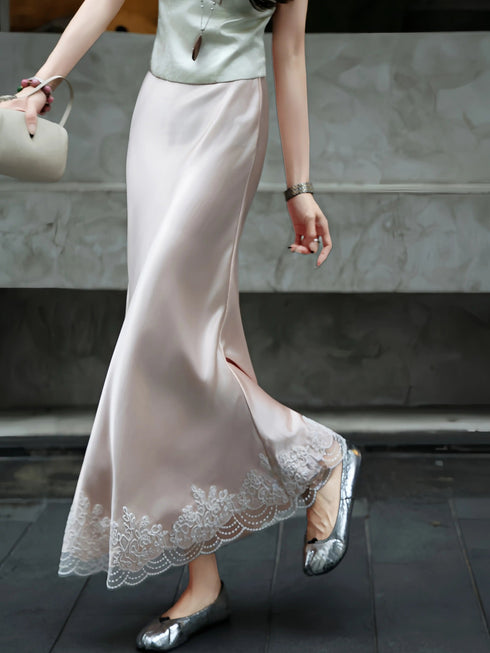 Acetate Satin Lace-Trim Bias-Cut Mermaid Midi Skirt – Elegant High-Waisted Fishtail Skirt