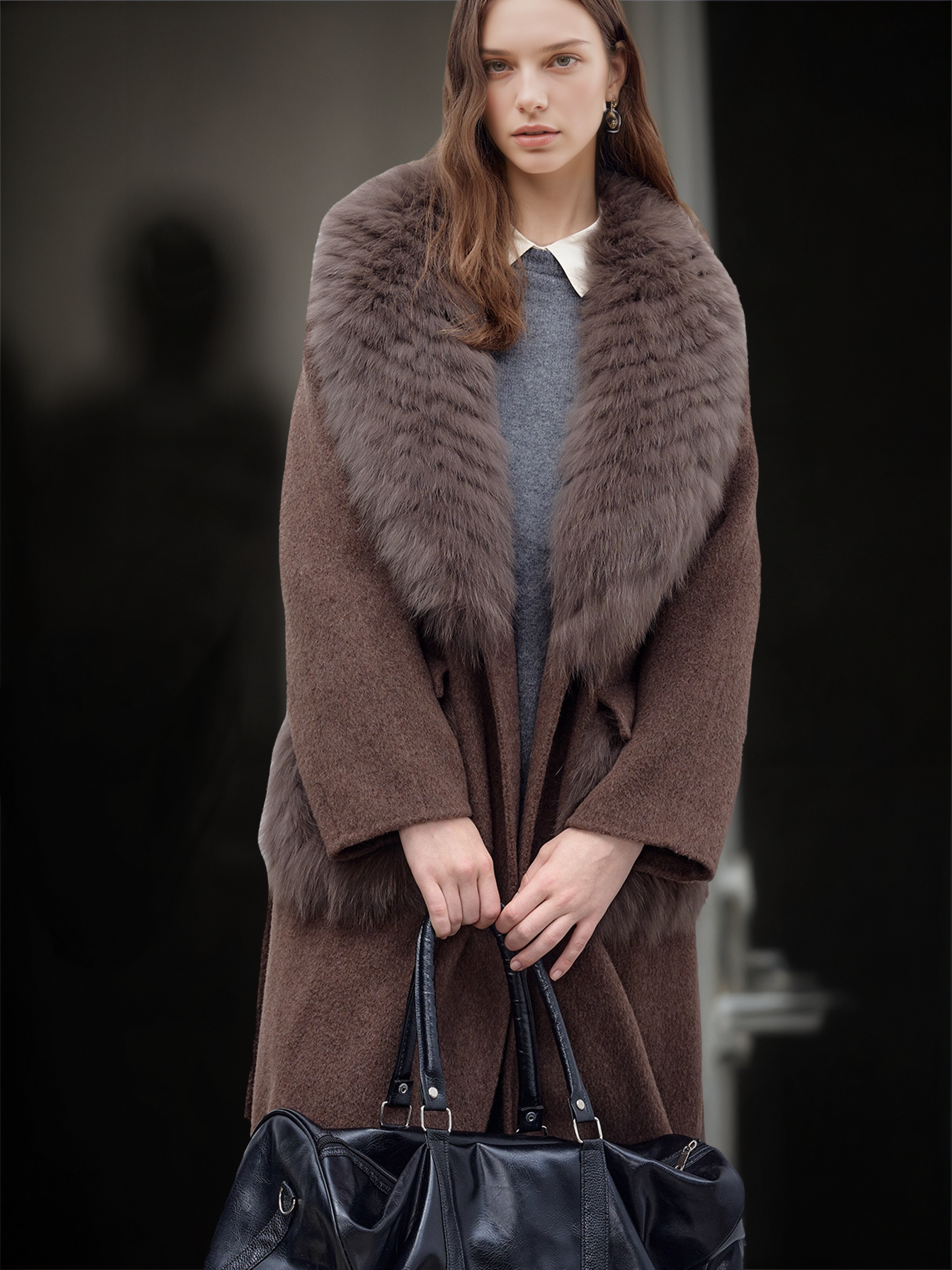 Women’s Long Double-Faced Wool Coat with Fox Fur Collar | 2025 Winter Wool Overcoat