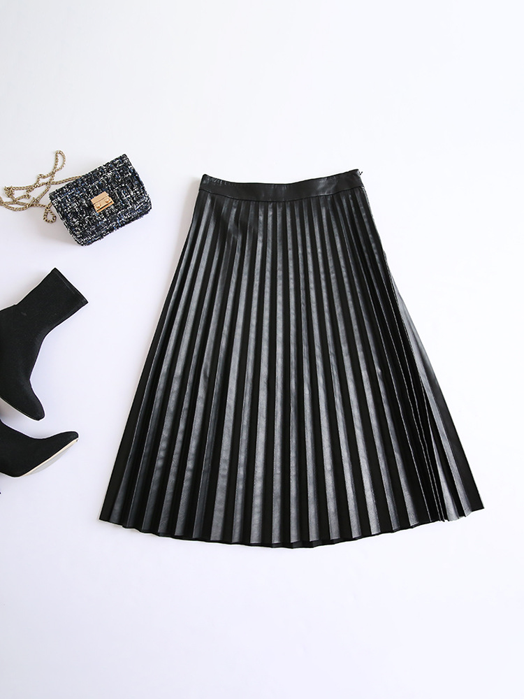 Women's Elegant Vintage High-Waisted Lambskin Leather Pleated Midi Skirt – Luxury Genuine Leather Skirt