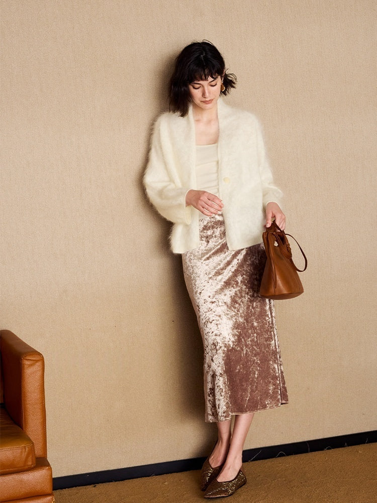 Glimmering Waves Vintage Gold-Flecked Fish Tail Skirt | Stretch Velvet Midi Skirt