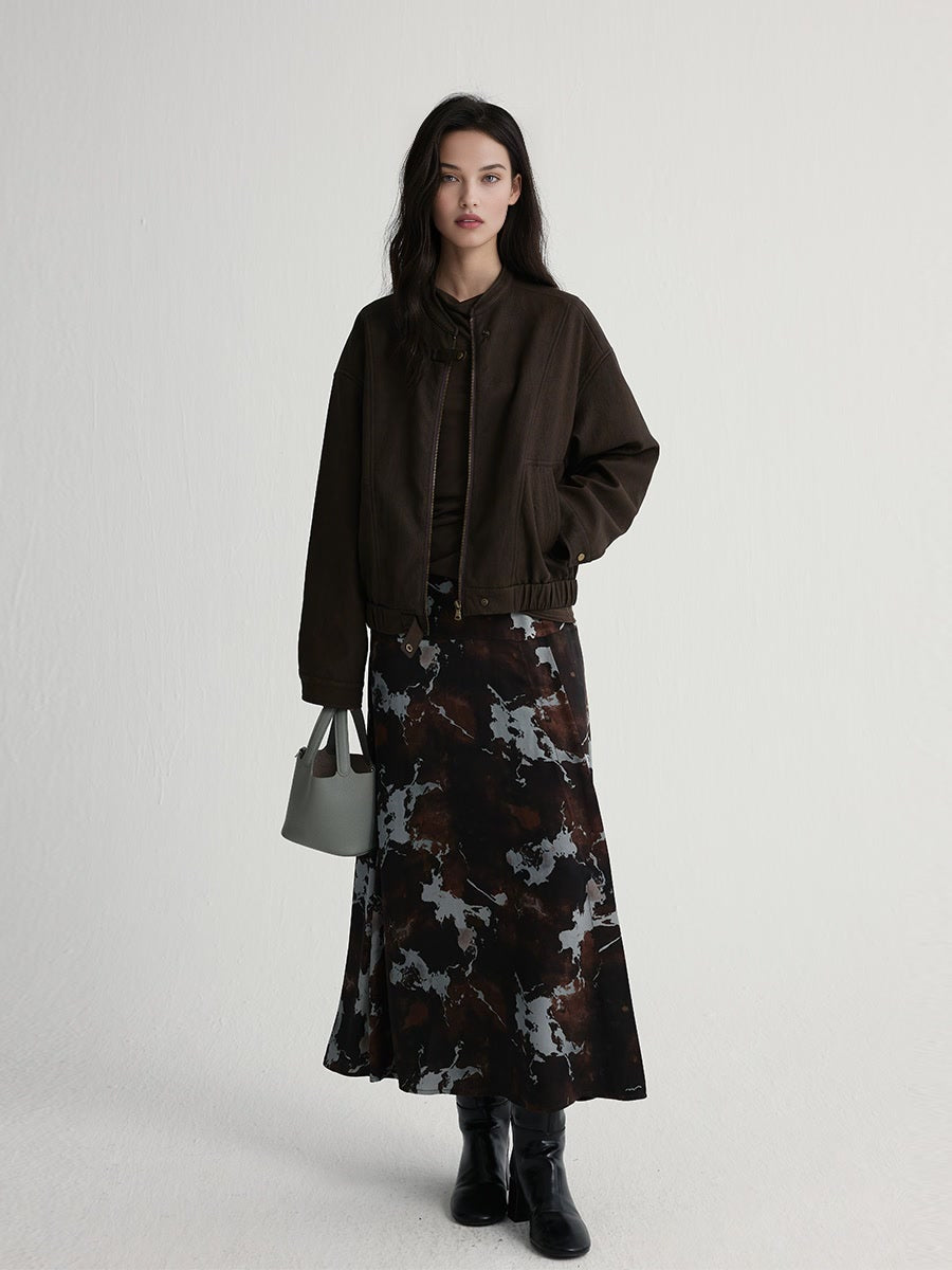 Marble Print Side Slit A-Line Skirt | Elastic Waist Long Midi Skirt