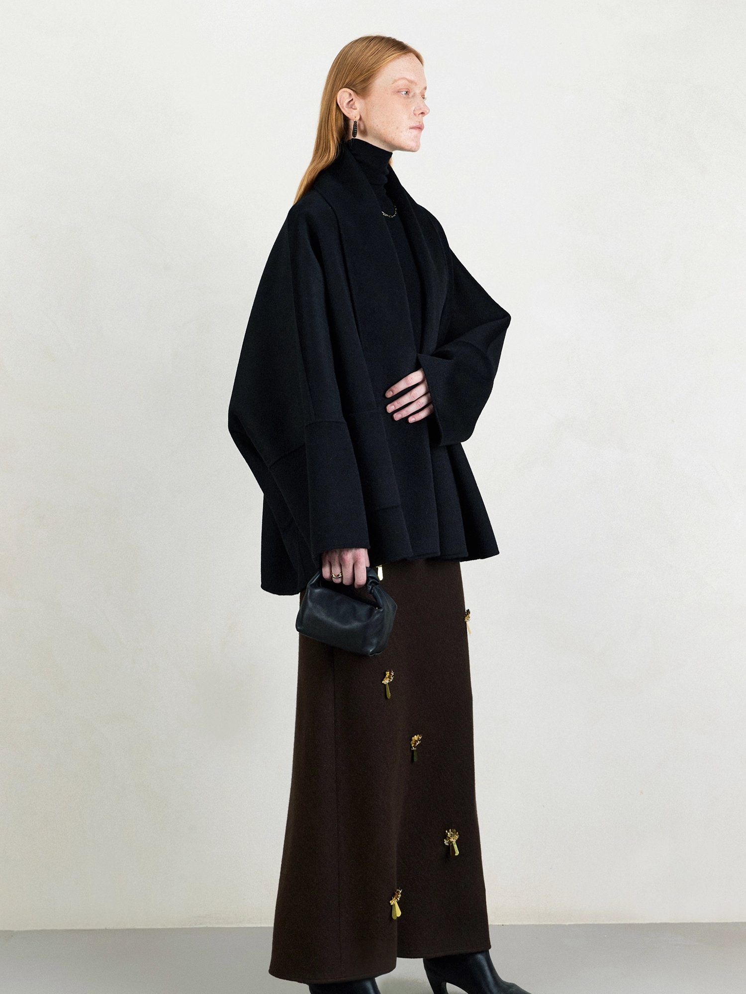 French Holiday Style Beaded Bias-Cut Wool Midi Skirt for Women – Slimming A-Line Design