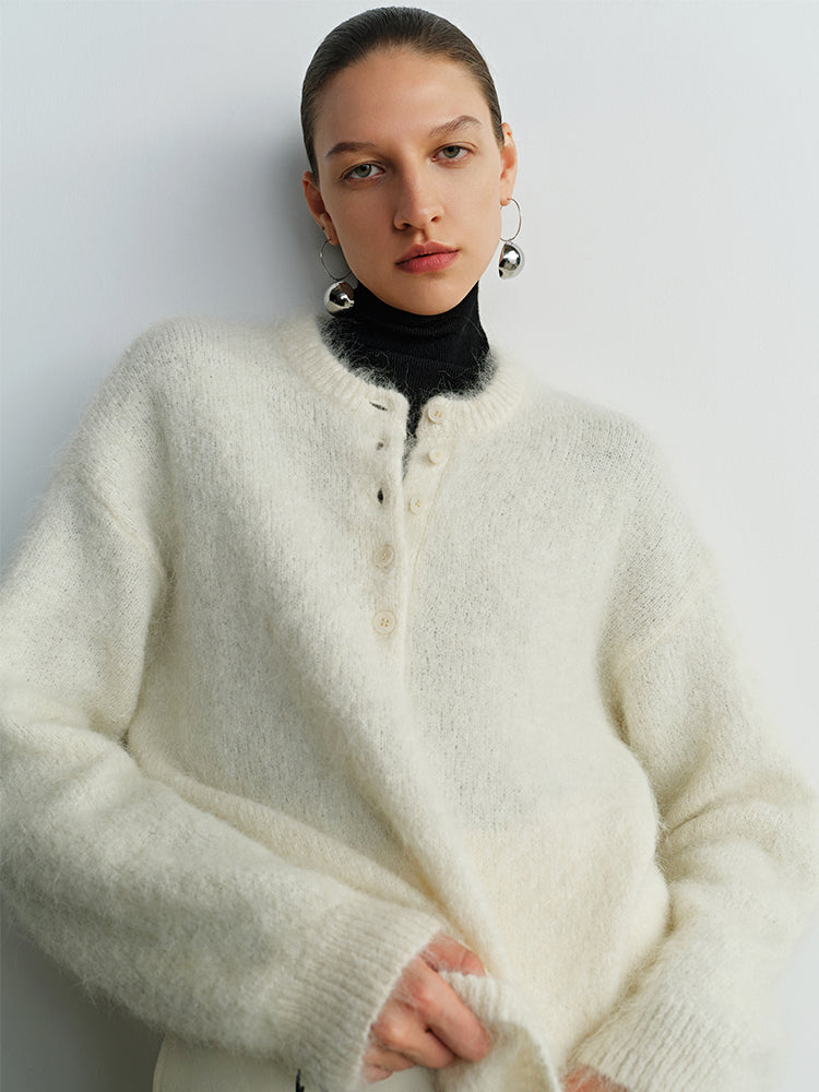 Relaxed Fit Henry Neck Alpaca Wool Sweater for Women – Cozy Loose Pullover with Soft, Luxurious Feel