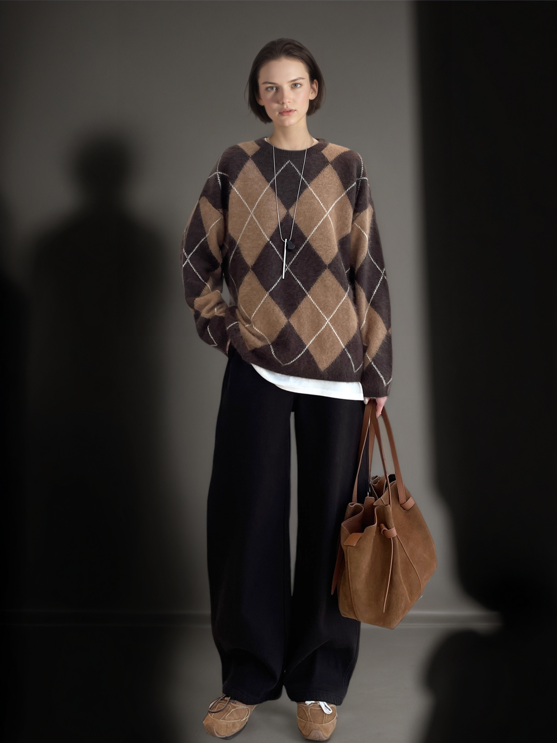 Women’s Wool Cashmere Argyle Knit Sweater | Loose Fit British Style Pullover for Fall Winter