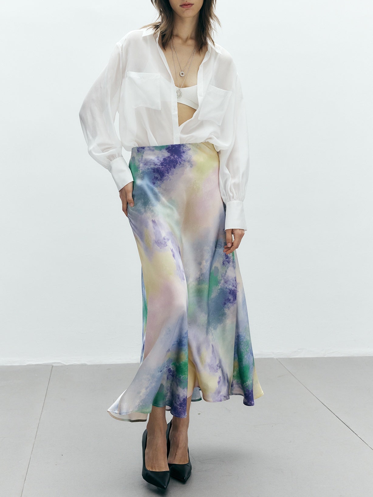 French Ombre Print Mulberry Silk A-Line Skirt – High-Waisted Satin Design