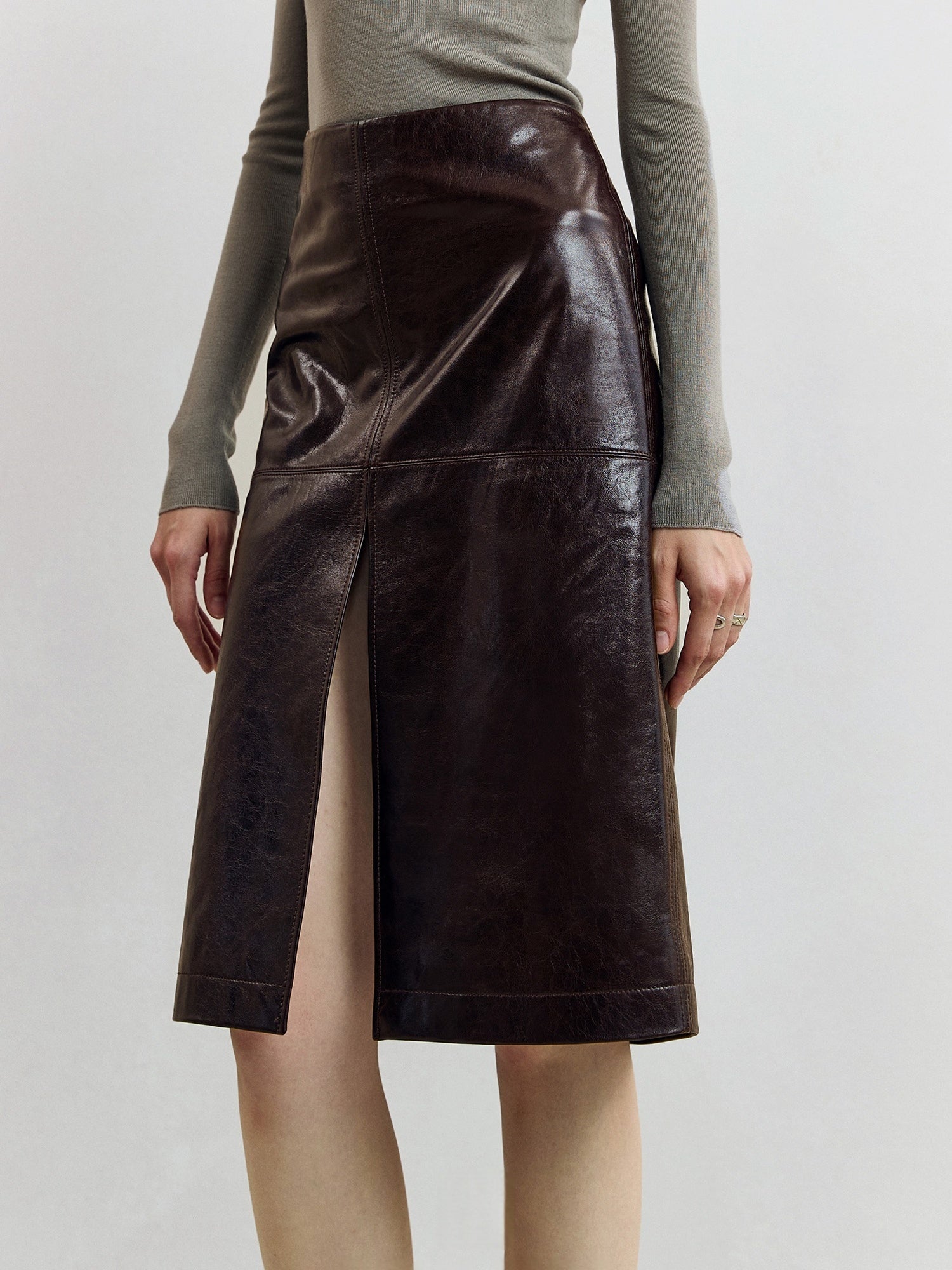 European Vegetable-Tanned Oiled Sheepskin Pencil Skirt | Split Hem Cross-Panel Leather Midi Skirt
