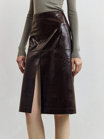 European Vegetable-Tanned Oiled Sheepskin Pencil Skirt | Split Hem Cross-Panel Leather Midi Skirt