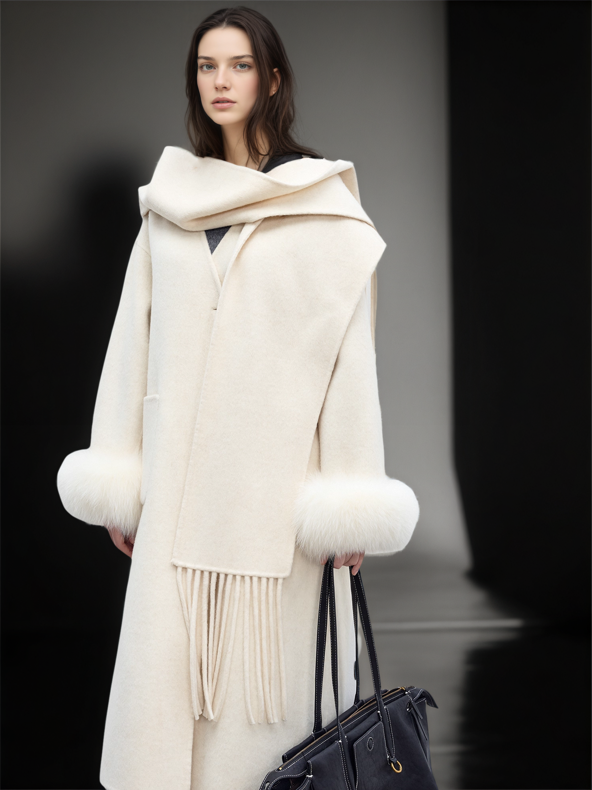 Women’s Long Double-Faced Wool Coat with Fox Fur Cuffs and Fringe Scarf | Fall Winter Overcoat
