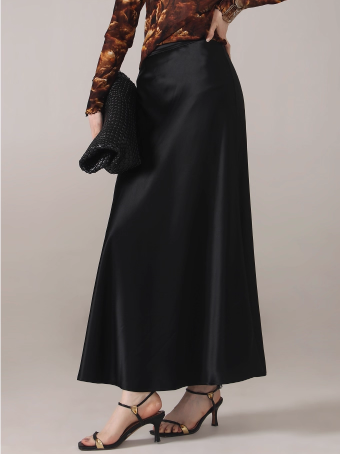 Premium Glossy Acetate Fishtail Skirt for Women — 45° Bias-Cut, Minimalist Draped Slimming Midi Skirt