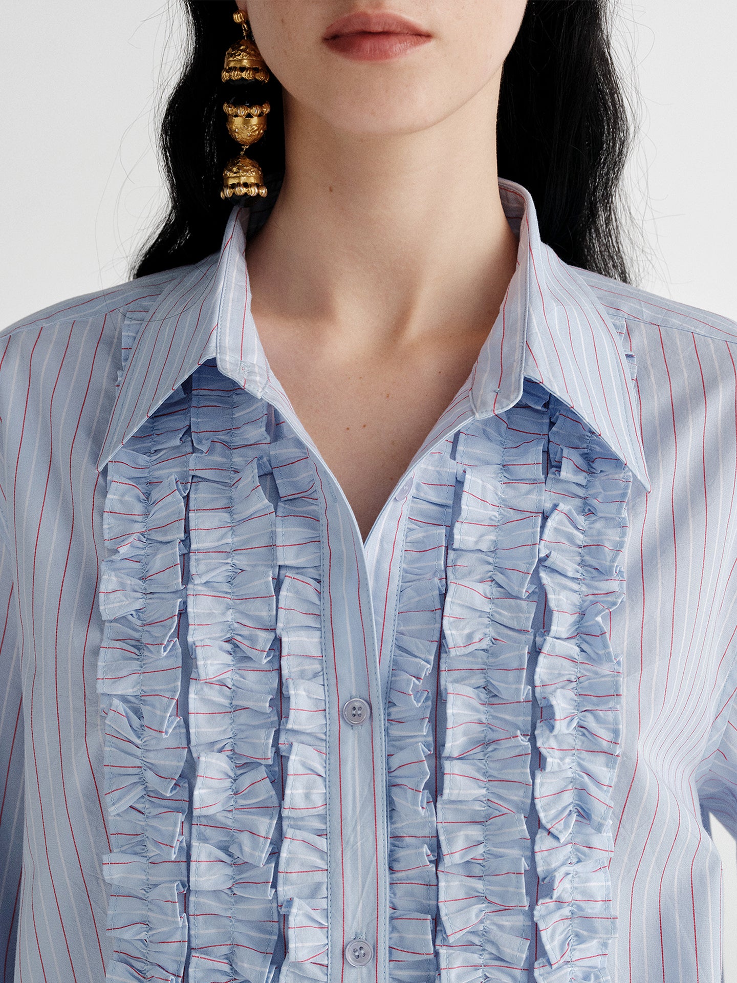 Modern Victorian Pima Cotton Shirt – Romantic Ruffle Trim Elegant Commuter Blouse