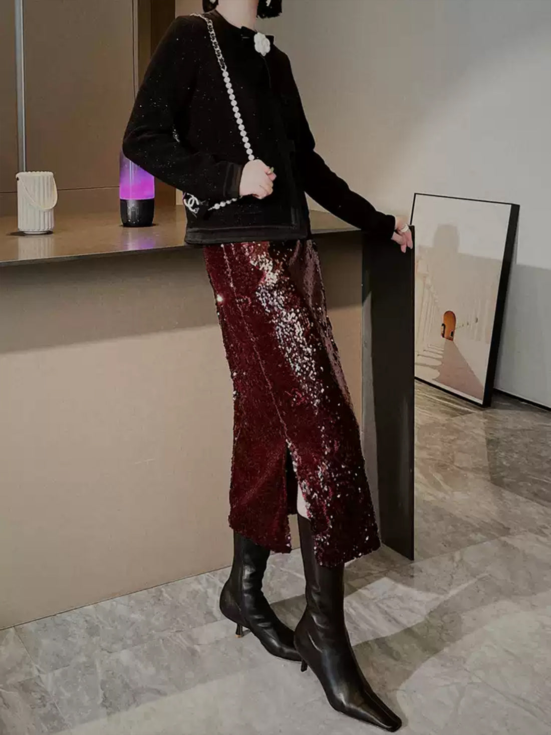 Christmas Party High-Waisted Sequin Pencil Skirt – Slim-Fit Midi Skirt with Side Slit