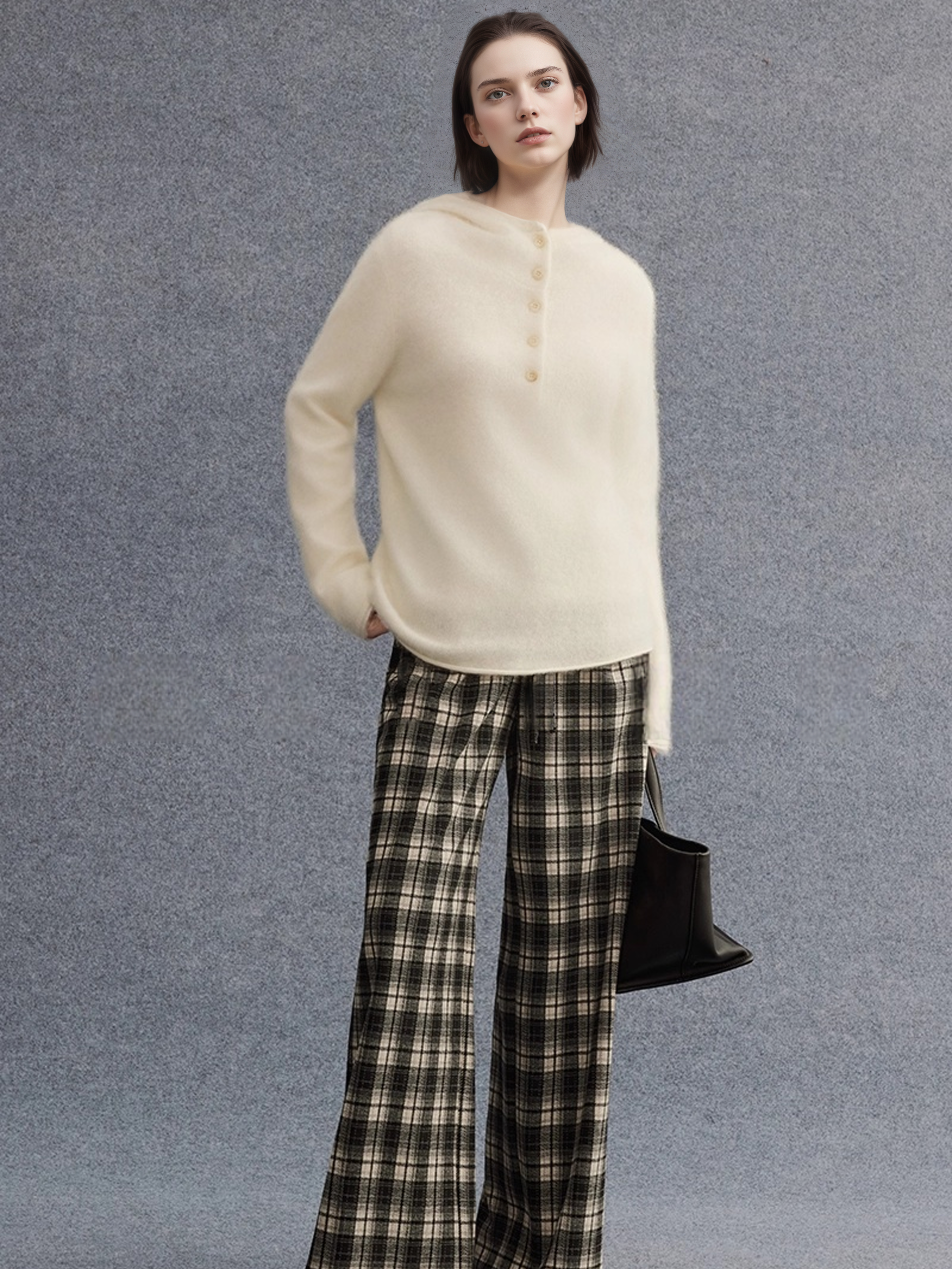 Cashmere Wool Brushed Hoodie Sweater | Henley-Neck Relaxed Fit Soft Cloud-Knit Pullover