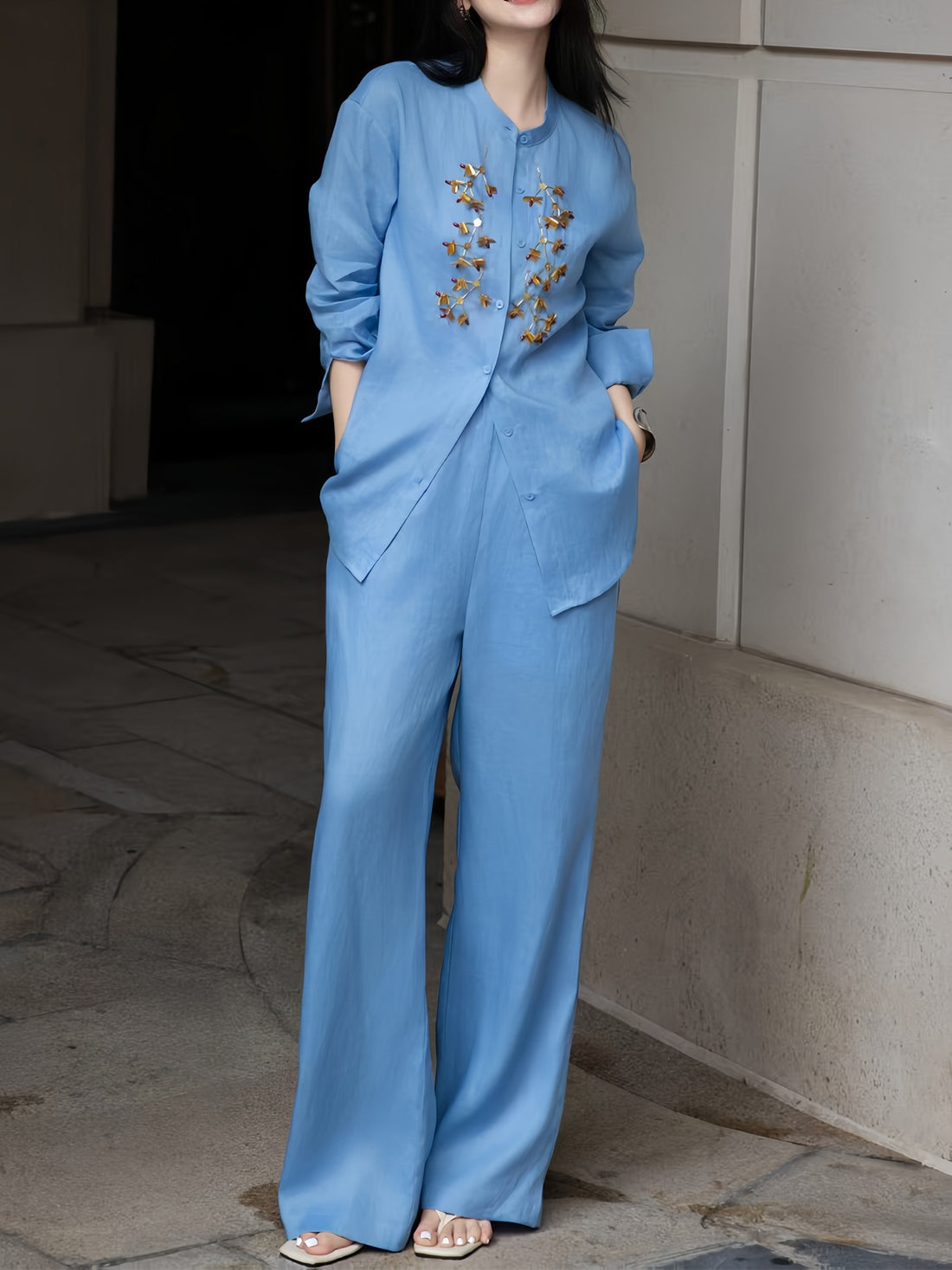 Linen Hand-Beaded Shirt + Pants Old Money Style Two-Piece Set