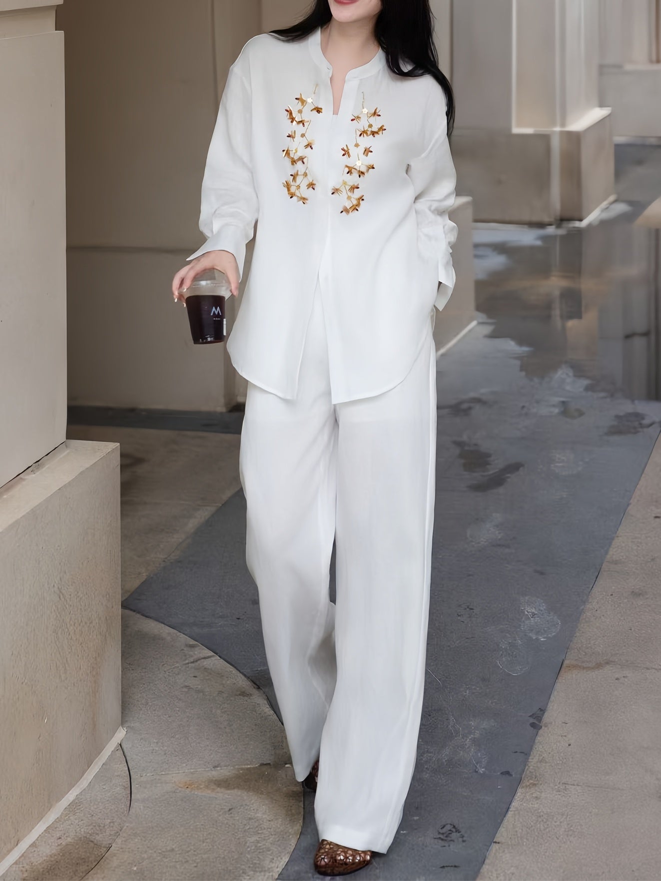 Linen Hand-Beaded Shirt + Pants Old Money Style Two-Piece Set